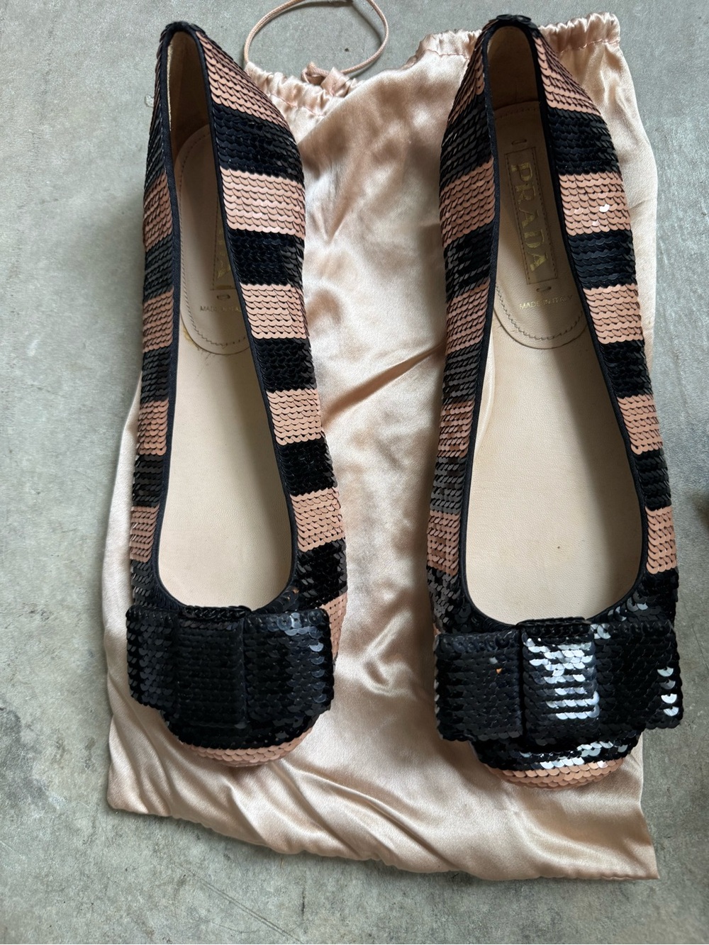 Prada Black and Nude Sequin Striped Ballet Flats with Bow